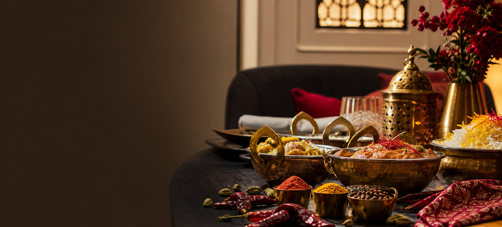Warm Indian restaurant table with spices and saffron accents